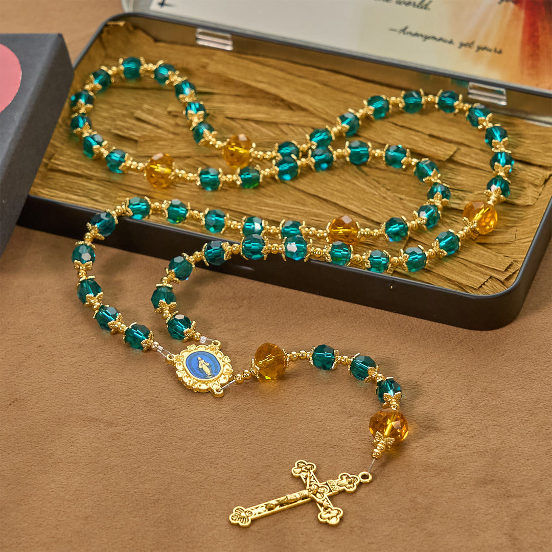 Christianartworkshop Handgefertigter Rosenkranz aus pfauenblauen Kristallperlen: Eine göttliche Freude für das heilige Gebet - Pfauenblau - image 0