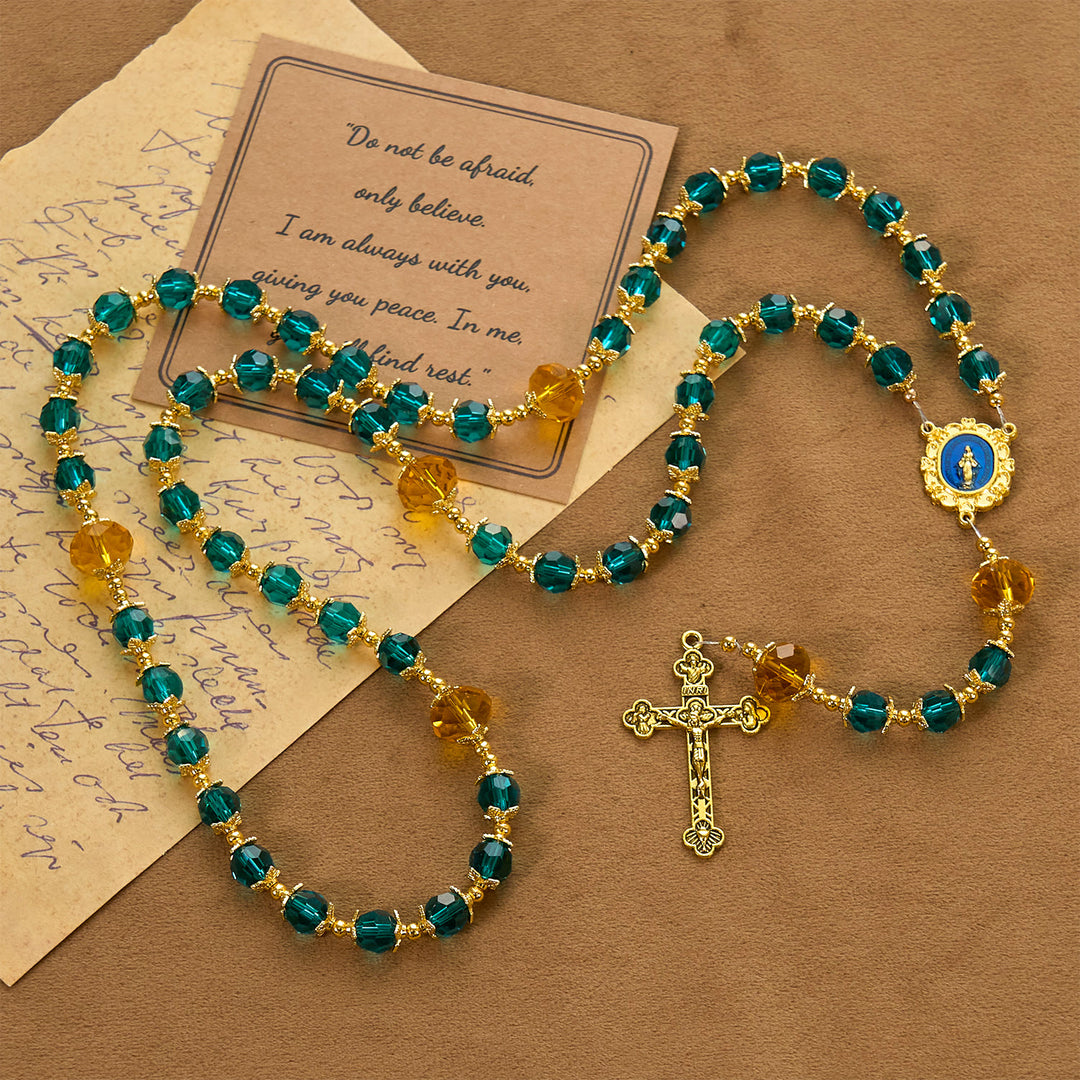 Christianartworkshop Jesus ist das Geschenk: Handgefertigter Rosenkranz aus pfauenblauen Kristallperlen mit Geschenkkarte - image 12