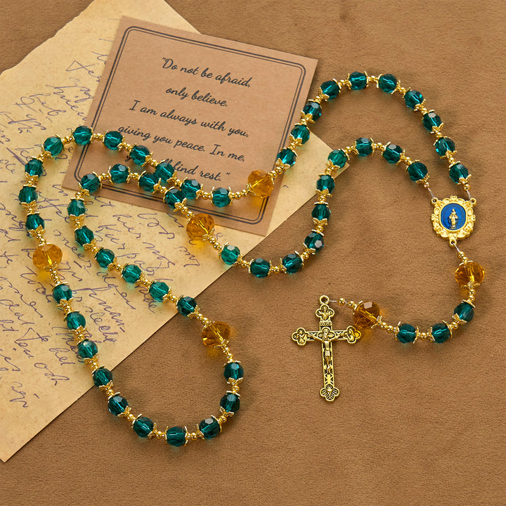Christianartworkshop Jesus ist das Geschenk: Handgefertigter Rosenkranz aus pfauenblauen Kristallperlen mit Geschenkkarte - image 12