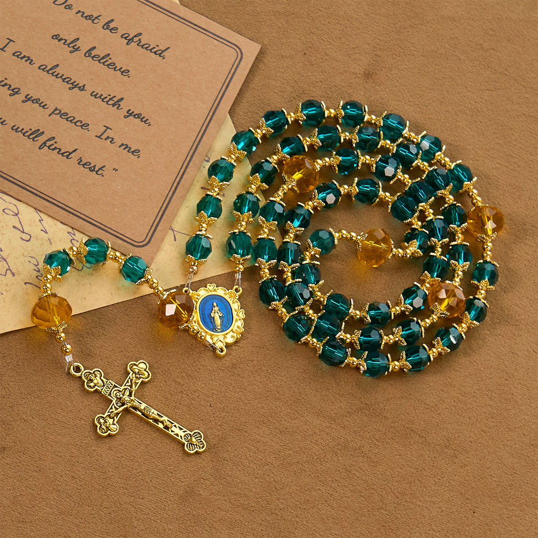 Christianartworkshop Jesus ist das Geschenk: Handgefertigter Rosenkranz aus pfauenblauen Kristallperlen mit Geschenkkarte - image 8
