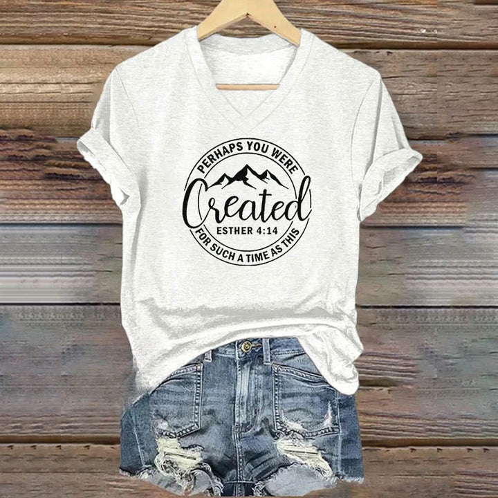 Christianartworkshop Damen T-Shirt mit V-Ausschnitt und „Maybe You Were Created“-Aufdruck