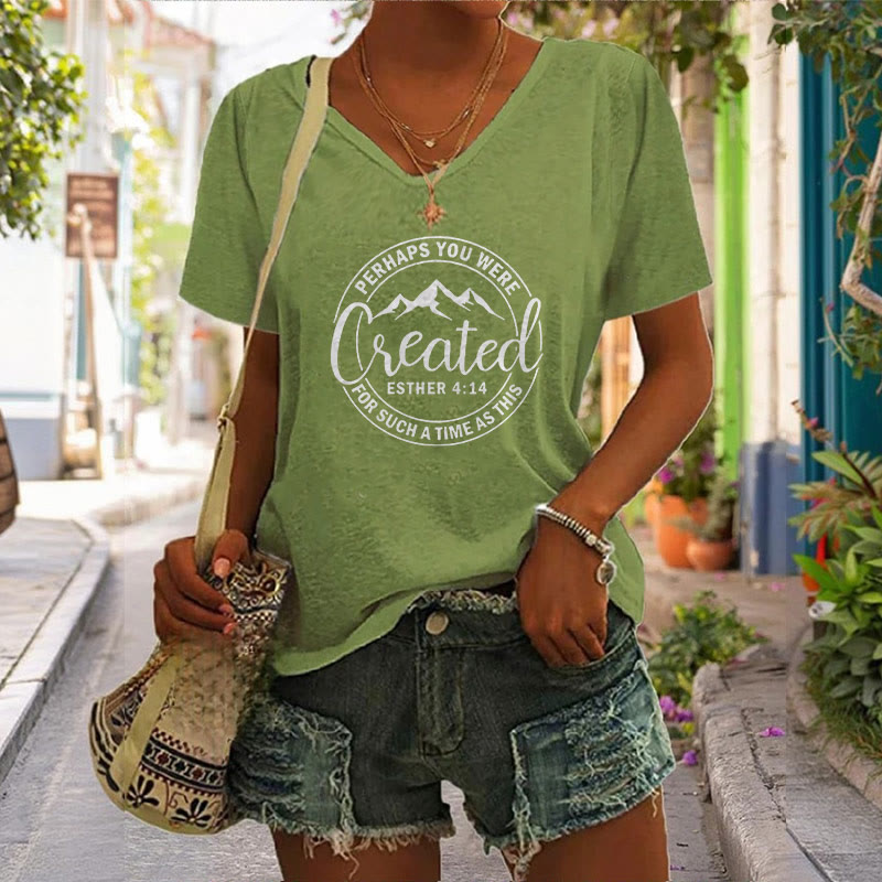 Christianartworkshop Damen T-Shirt mit V-Ausschnitt und „Maybe You Were Created“-Aufdruck