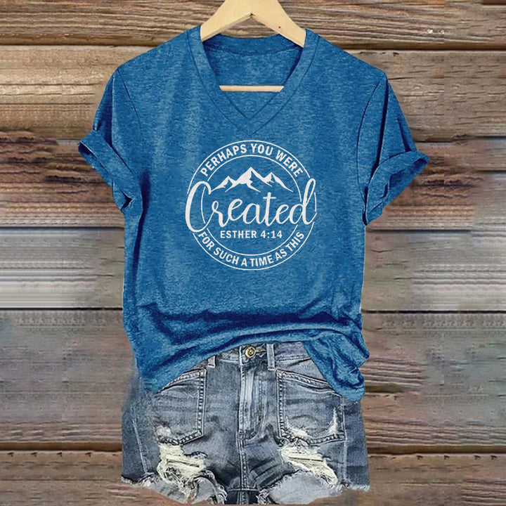 Christianartworkshop Damen T-Shirt mit V-Ausschnitt und „Maybe You Were Created“-Aufdruck - Blau - 4XL - image 0