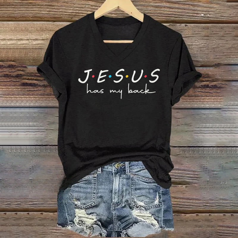 Christianartworkshop Damen T-Shirt mit V-Ausschnitt und Aufdruck „Jesus Has My Back“ - Schwarz - 4XL - image 0