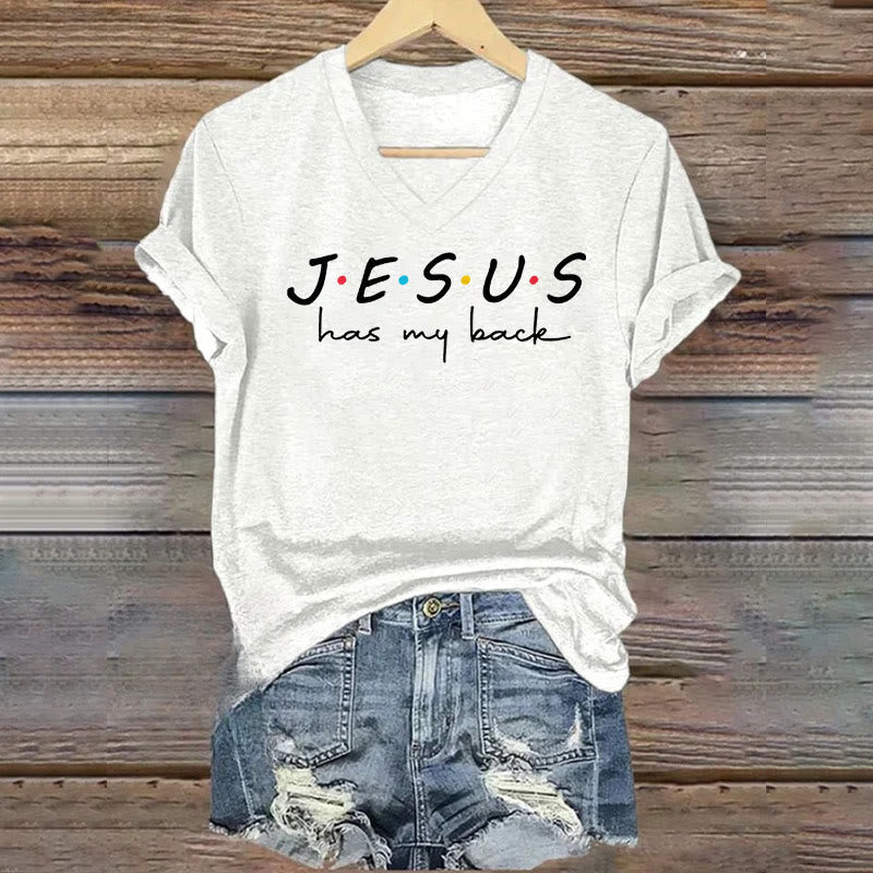 Christianartworkshop Damen T-Shirt mit V-Ausschnitt und Aufdruck „Jesus Has My Back“
