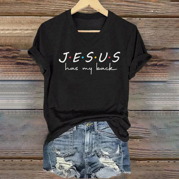 Christianartworkshop Damen T-Shirt mit V-Ausschnitt und Aufdruck „Jesus Has My Back“