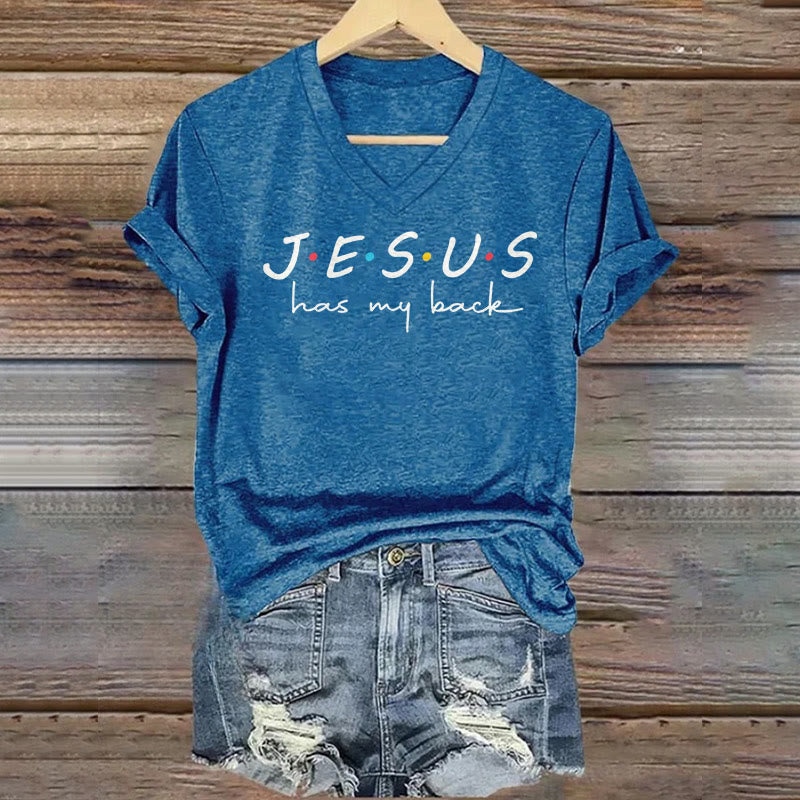 Christianartworkshop Damen T-Shirt mit V-Ausschnitt und Aufdruck „Jesus Has My Back“