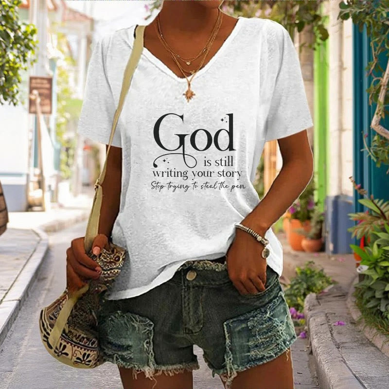 Christianartworkshop Damen T-Shirt mit V-Ausschnitt und Aufdruck „God Is Still Writing Your Story“