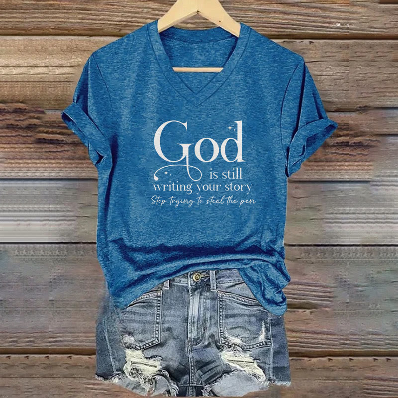 Christianartworkshop Damen T-Shirt mit V-Ausschnitt und Aufdruck „God Is Still Writing Your Story“ - Blau - 4XL - image 5