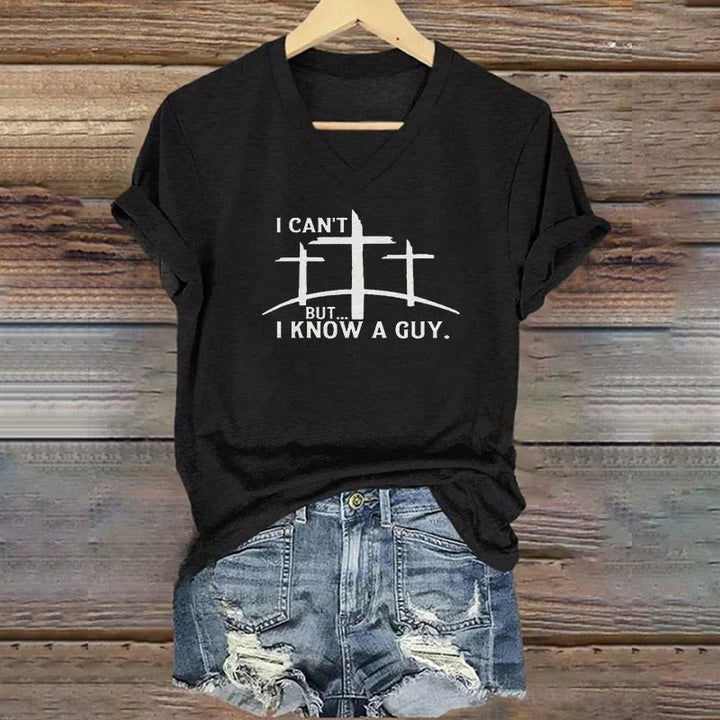 Christianartworkshop T-Shirt mit V-Ausschnitt und Aufdruck „I Can't But I Know A Guy“