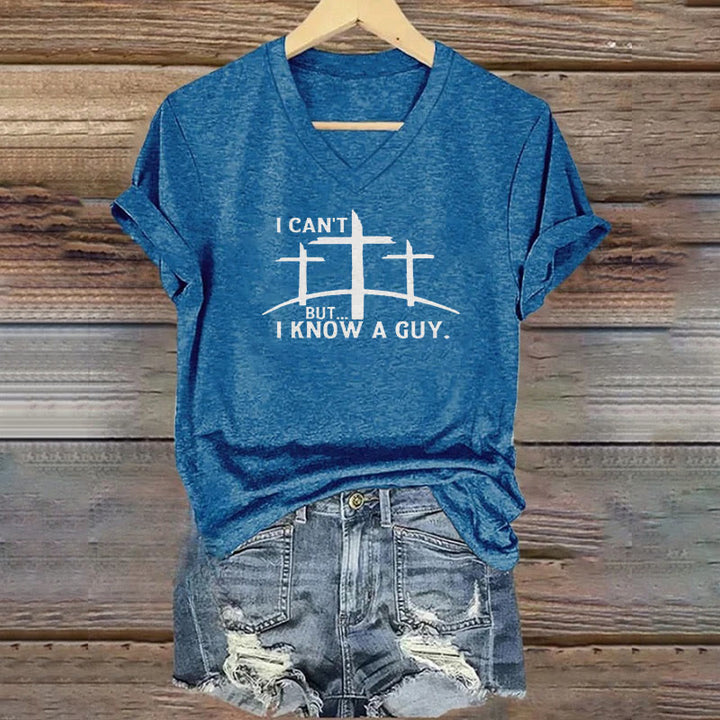Christianartworkshop T-Shirt mit V-Ausschnitt und Aufdruck „I Can't But I Know A Guy“