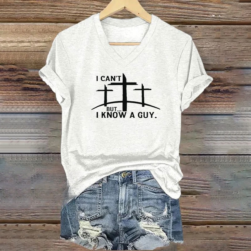 Christianartworkshop T-Shirt mit V-Ausschnitt und Aufdruck „I Can't But I Know A Guy“ - Weiß - 4XL - image 3