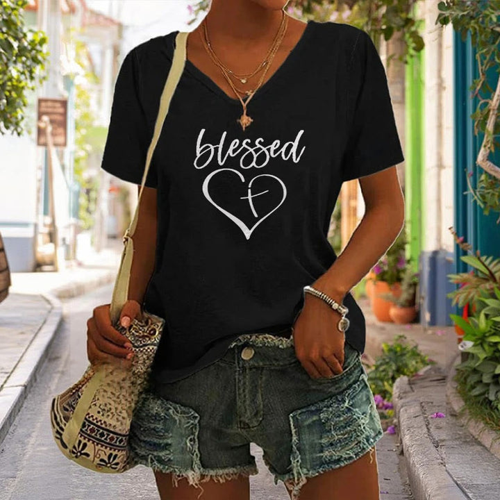 Christianartworkshop Damen T-Shirt mit V-Ausschnitt und Aufdruck „Blessed Love Cross Jesus Has My Back“