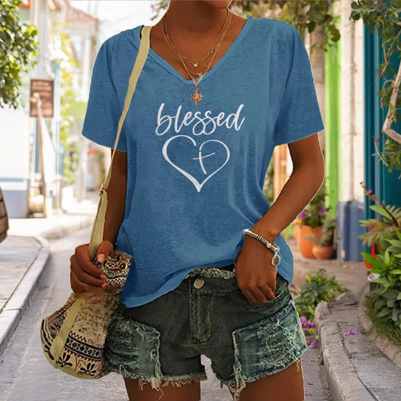 Christianartworkshop Damen T-Shirt mit V-Ausschnitt und Aufdruck „Blessed Love Cross Jesus Has My Back“