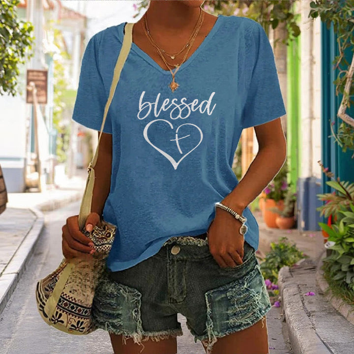 Christianartworkshop Damen T-Shirt mit V-Ausschnitt und Aufdruck „Blessed Love Cross Jesus Has My Back“