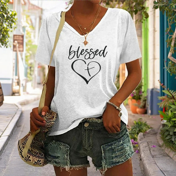 Christianartworkshop Damen T-Shirt mit V-Ausschnitt und Aufdruck „Blessed Love Cross Jesus Has My Back“
