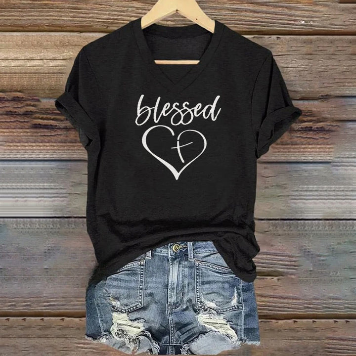 Christianartworkshop Damen T-Shirt mit V-Ausschnitt und Aufdruck „Blessed Love Cross Jesus Has My Back“