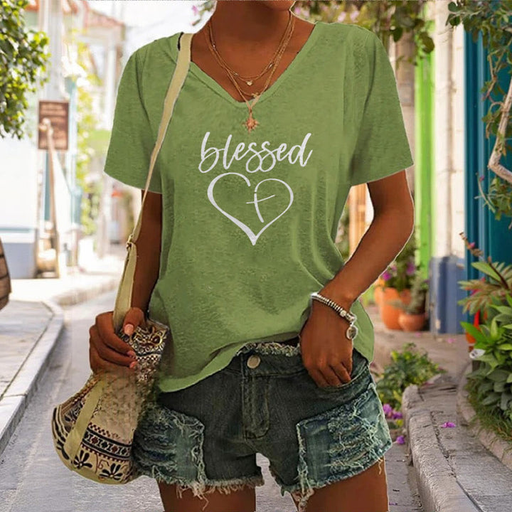 Christianartworkshop Damen T-Shirt mit V-Ausschnitt und Aufdruck „Blessed Love Cross Jesus Has My Back“ - image 6