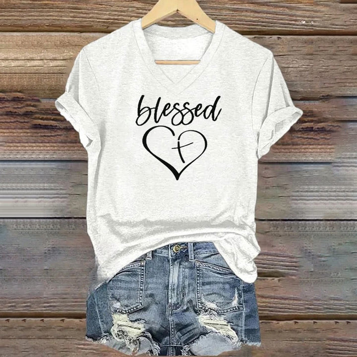 Christianartworkshop Damen T-Shirt mit V-Ausschnitt und Aufdruck „Blessed Love Cross Jesus Has My Back“