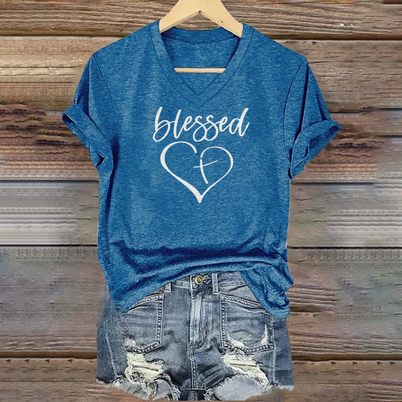 Christianartworkshop Damen T-Shirt mit V-Ausschnitt und Aufdruck „Blessed Love Cross Jesus Has My Back“