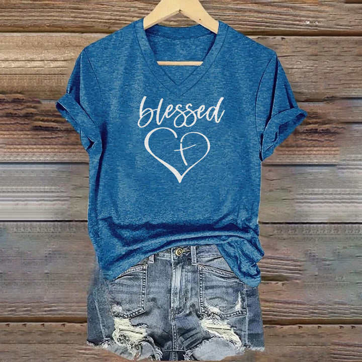 Christianartworkshop Damen T-Shirt mit V-Ausschnitt und Aufdruck „Blessed Love Cross Jesus Has My Back“