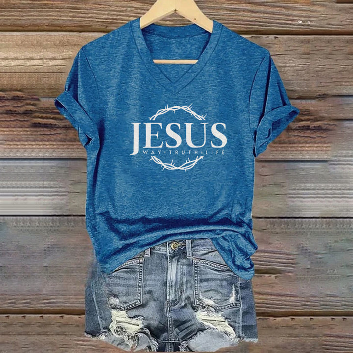 Christianartworkshop Damen T-Shirt mit V-Ausschnitt und Jesus-Print, lässiger Aufdruck