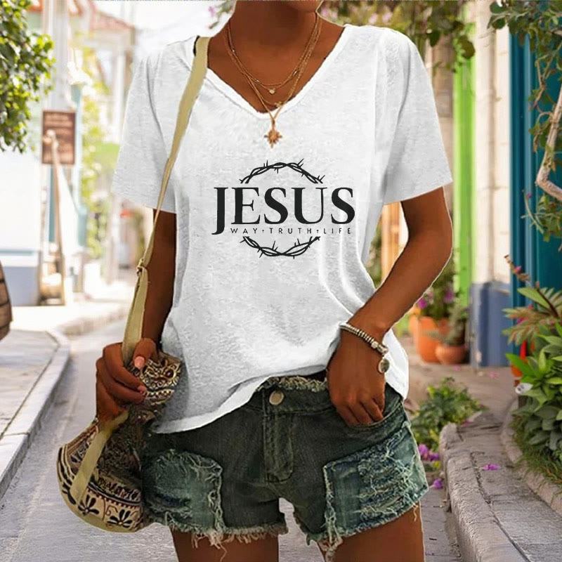 Christianartworkshop Damen T-Shirt mit V-Ausschnitt und Jesus-Print, lässiger Aufdruck - image 4