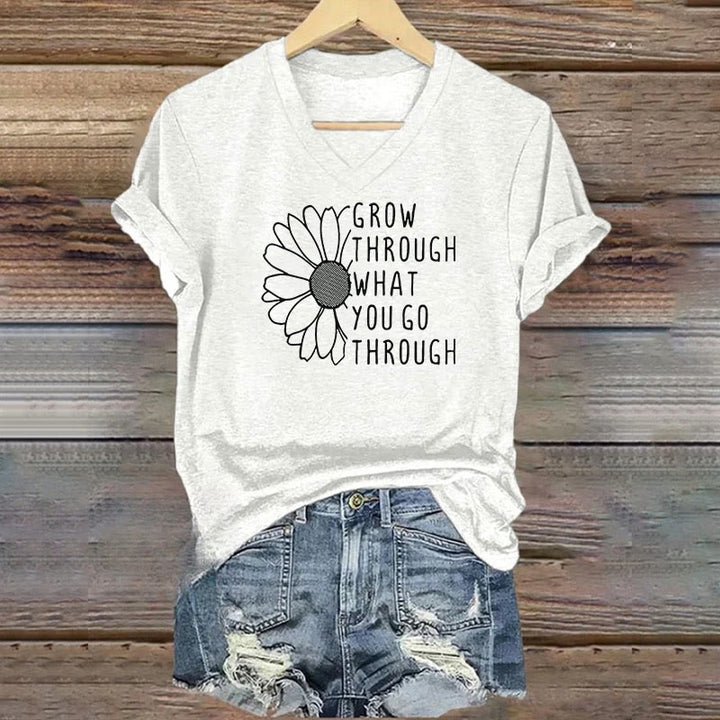 Christianartworkshop Damen-T-Shirt mit V-Ausschnitt und „Grow Through What You Go Through“-Aufdruck