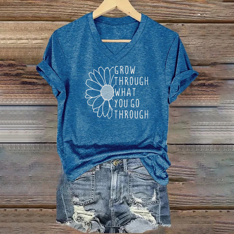 Christianartworkshop Damen-T-Shirt mit V-Ausschnitt und „Grow Through What You Go Through“-Aufdruck - Blau - 4XL - image 0