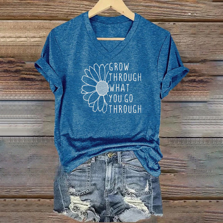 Christianartworkshop Damen-T-Shirt mit V-Ausschnitt und „Grow Through What You Go Through“-Aufdruck - Blau - 4XL - image 0