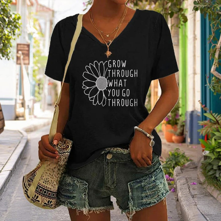 Christianartworkshop Damen-T-Shirt mit V-Ausschnitt und „Grow Through What You Go Through“-Aufdruck