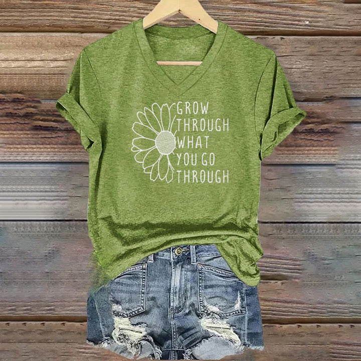 Christianartworkshop Damen-T-Shirt mit V-Ausschnitt und „Grow Through What You Go Through“-Aufdruck