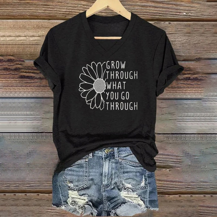 Christianartworkshop Damen-T-Shirt mit V-Ausschnitt und „Grow Through What You Go Through“-Aufdruck