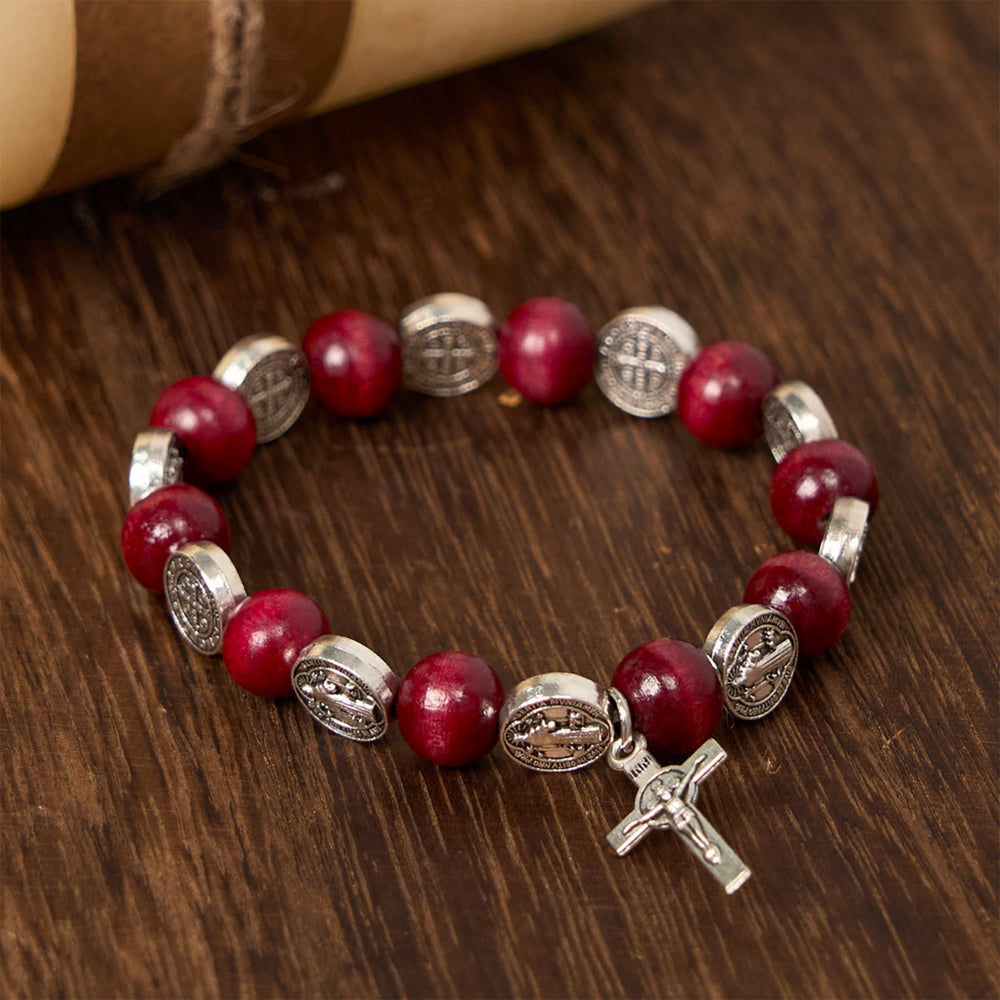 Christianartworkshop Vintage-Anhänger und Armband mit roten Perlen im Stil des Heiligen Benedikt: Ein geschätztes Symbol heiliger Führung - image 1