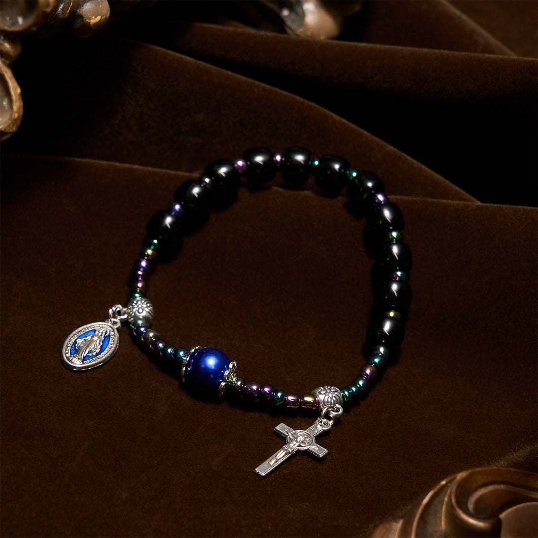 Armband aus Ebenholz und blauem Achat mit Marienmedaille und Kruzifix von Christianartworkshop - image 3