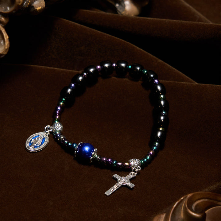 Armband aus Ebenholz und blauem Achat mit Marienmedaille und Kruzifix von Christianartworkshop - image 3