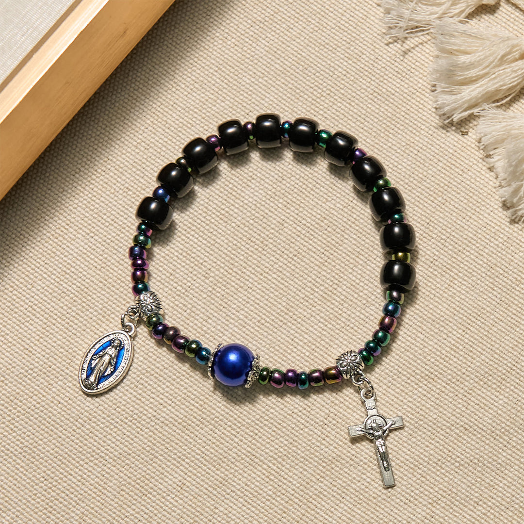 Christianartworkshop Armband aus Ebenholz und blauem Achat mit Medaille und Kruzifix Unserer Lieben Frau - Ebenholzperlen - image 1