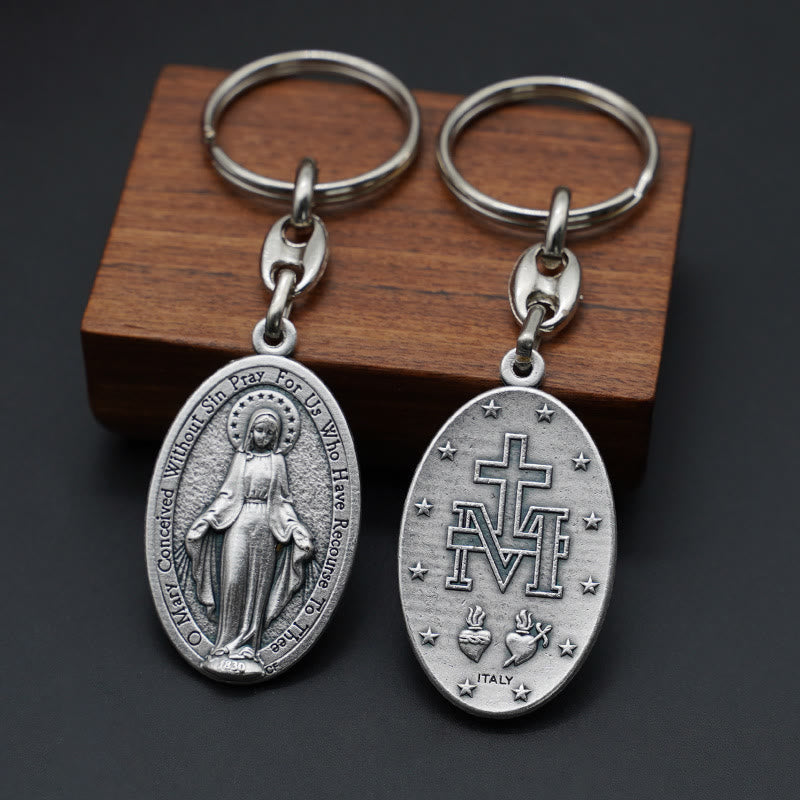 Christianartworkshop Klassischer handgeschnitzter Schlüsselanhänger mit der Wundertätigen Medaille von Maria: Anmutiges Zeichen des hingebungsvollen Glaubens - Englisch - image 0