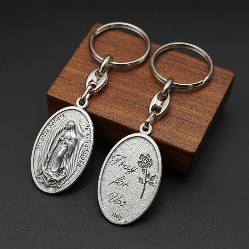 Christianartworkshop Exquisites Relief – Geformte Medaille „Unsere Liebe Frau von Guadalupe“ mit kastilischer Rose als Schlüsselanhänger - Unsere Liebe Frau von Guadalupe - image 1