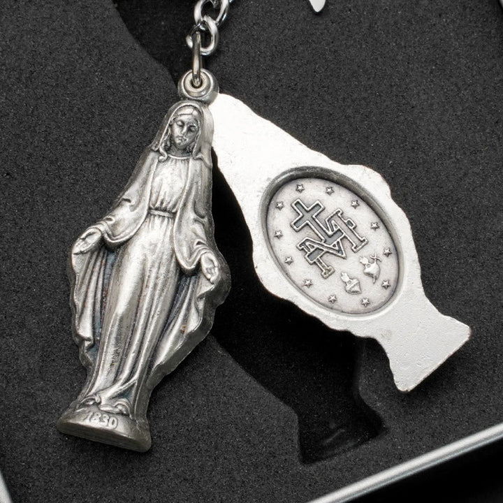 Christianartworkshop Slide - Offener Schlüsselanhänger mit Jungfrau Maria und Wundertätiger Medaille: Erinnerung an die Hingabe Marias
