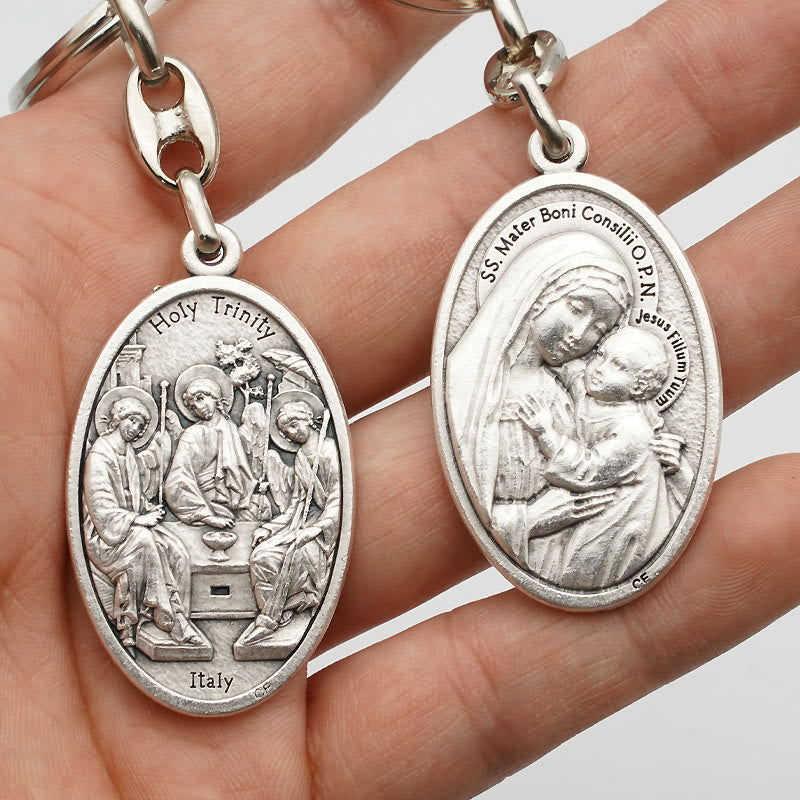 Christianartworkshop Eleganter Schlüsselanhänger aus oxidierter Legierung mit der Heiligen Dreifaltigkeit und der Mutter des Guten Rates: Ein Symbol der göttlichen Liebe - image 2