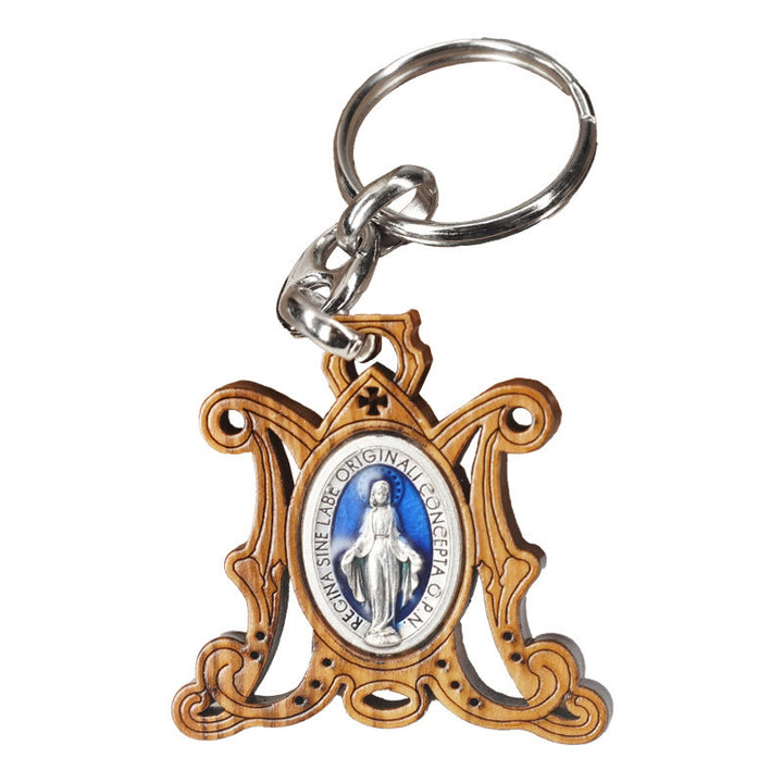 Christianartworkshop Hochwertiger Schlüsselanhänger mit Wundertätiger Medaille aus Olivenholz und Emaille der Jungfrau Maria: Andenken an die Hingabe Marias - image 4