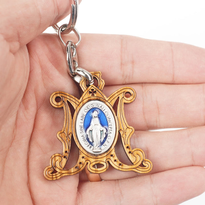 Christianartworkshop Hochwertiger Schlüsselanhänger mit Wundertätiger Medaille aus Olivenholz und Emaille der Jungfrau Maria: Andenken an die Hingabe Marias - image 2