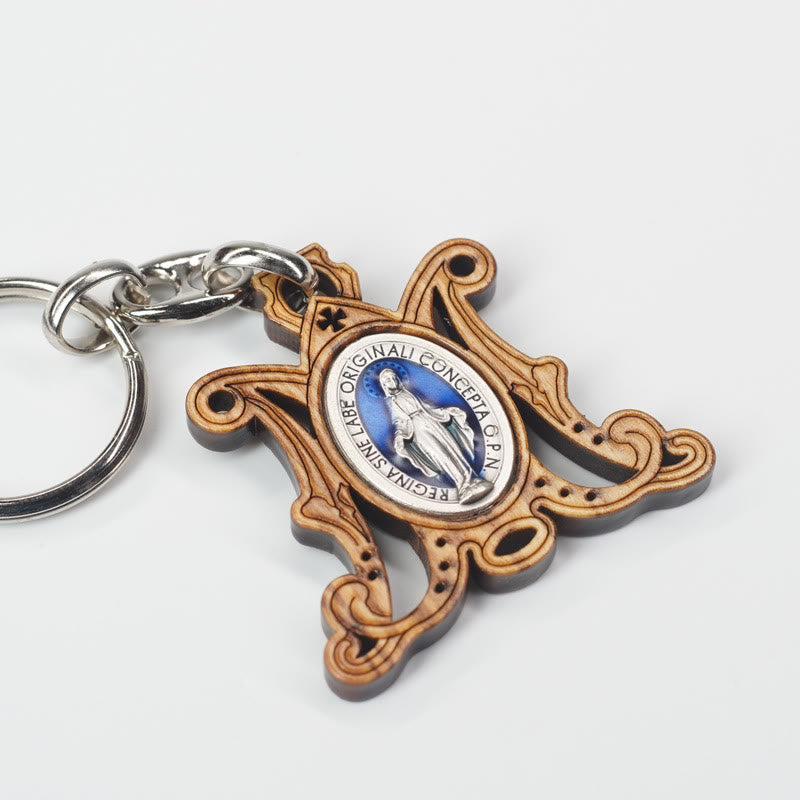 Christianartworkshop Hochwertiger Schlüsselanhänger mit Wundertätiger Medaille aus Olivenholz und Emaille der Jungfrau Maria: Andenken an die Hingabe Marias - image 1