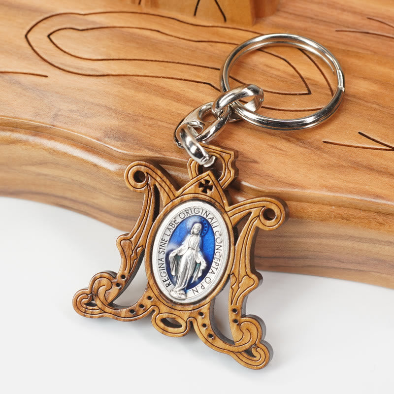 Christianartworkshop Hochwertiger Schlüsselanhänger mit Wundertätiger Medaille aus Olivenholz und Emaille der Jungfrau Maria: Andenken an die Hingabe Marias - Wundertätige Medaille - image 1
