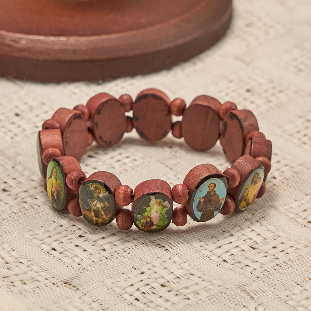 Klassisches Stretch-Armband aus Holzperlen von Christianartworkshop mit Ikonen von Maria, Jesus und Heiligen - image 1