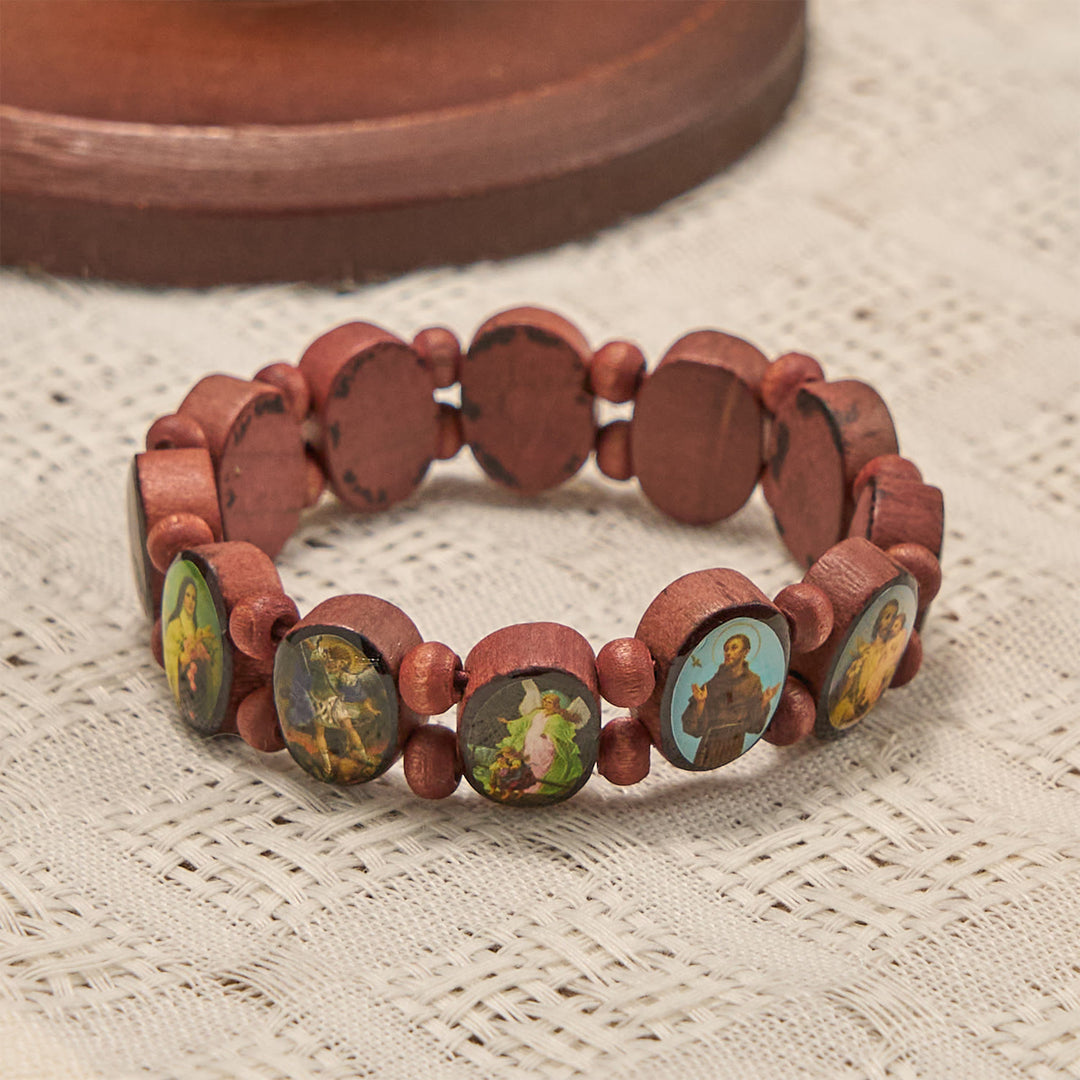 Klassisches Stretch-Armband aus Holzperlen von Christianartworkshop mit Ikonen von Maria, Jesus und Heiligen - image 1