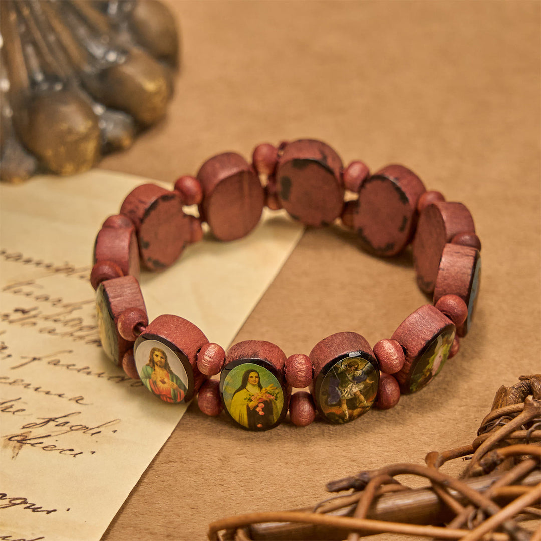 Klassisches Stretch-Armband aus Holzperlen von Christianartworkshop mit Ikonen von Maria, Jesus und Heiligen - Holz - image 0