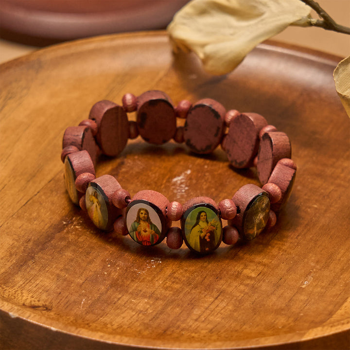 Klassisches Stretch-Armband aus Holzperlen von Christianartworkshop mit Ikonen von Maria, Jesus und Heiligen - image 4