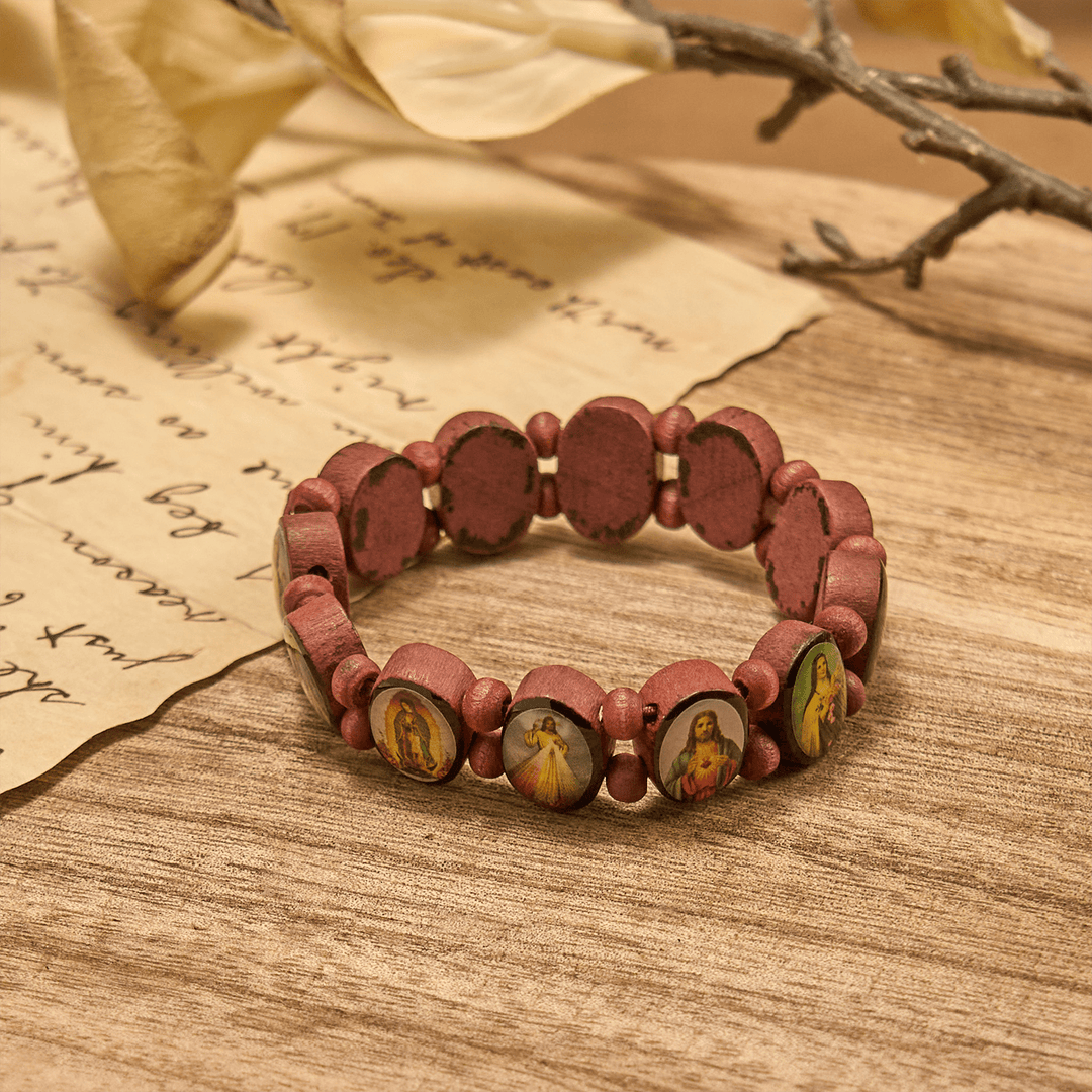 Christianartworkshop Klassisches Stretch-Armband aus Holzperlen mit Ikonen von Maria, Jesus und Heiligen - image 6